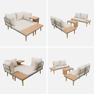 Salon de jardin kaki foncé. modulable en aluminium et bois d'acacia. 4 places. Sao Paulo.140 x 68 x 65cm