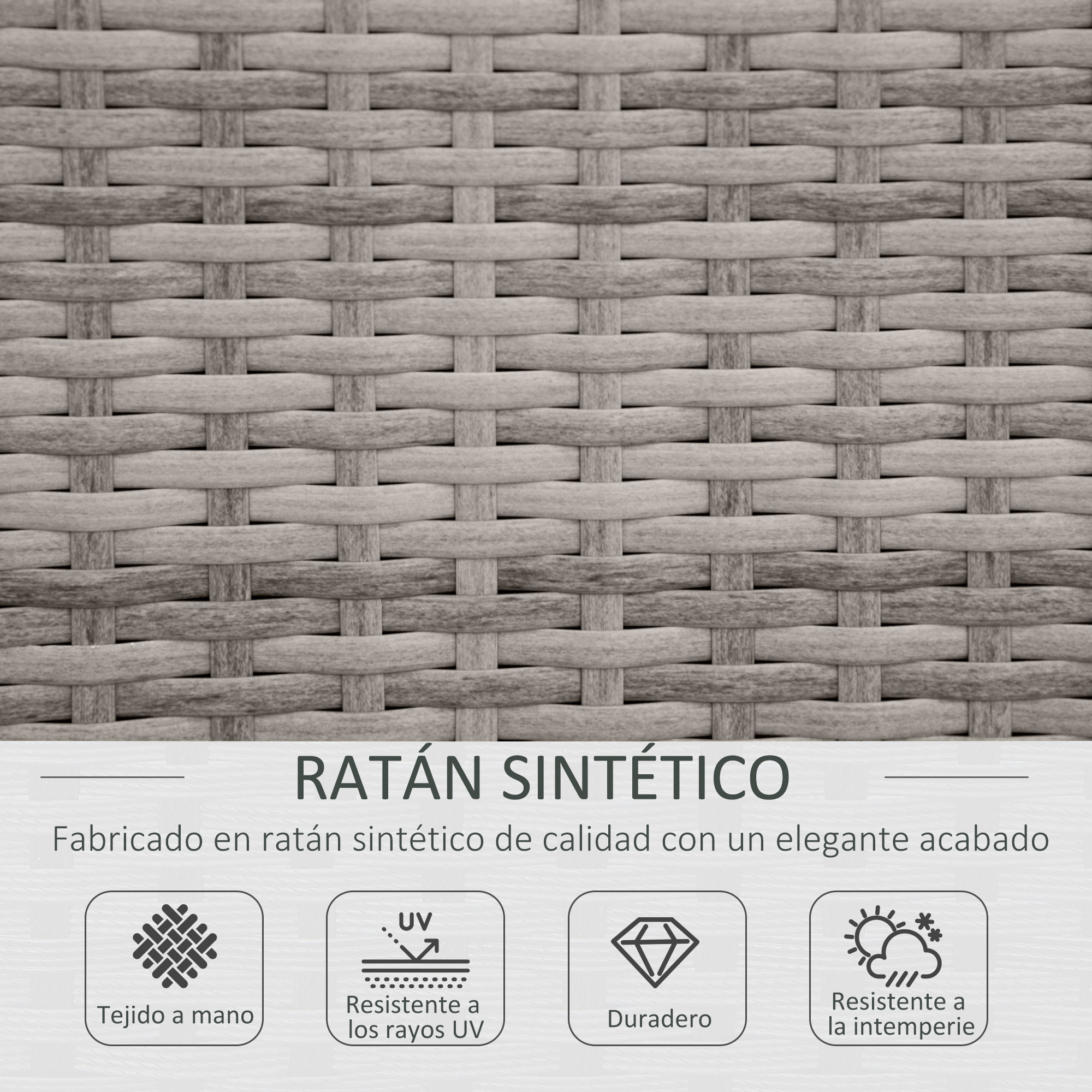 Conjunto de Muebles de Jardín de Ratán 4 Piezas Mesa de Centro de Vidrio Sofá Doble y 2 Sofás Esquineros con Cojines Desenfundables para Terraza Exterior Gris