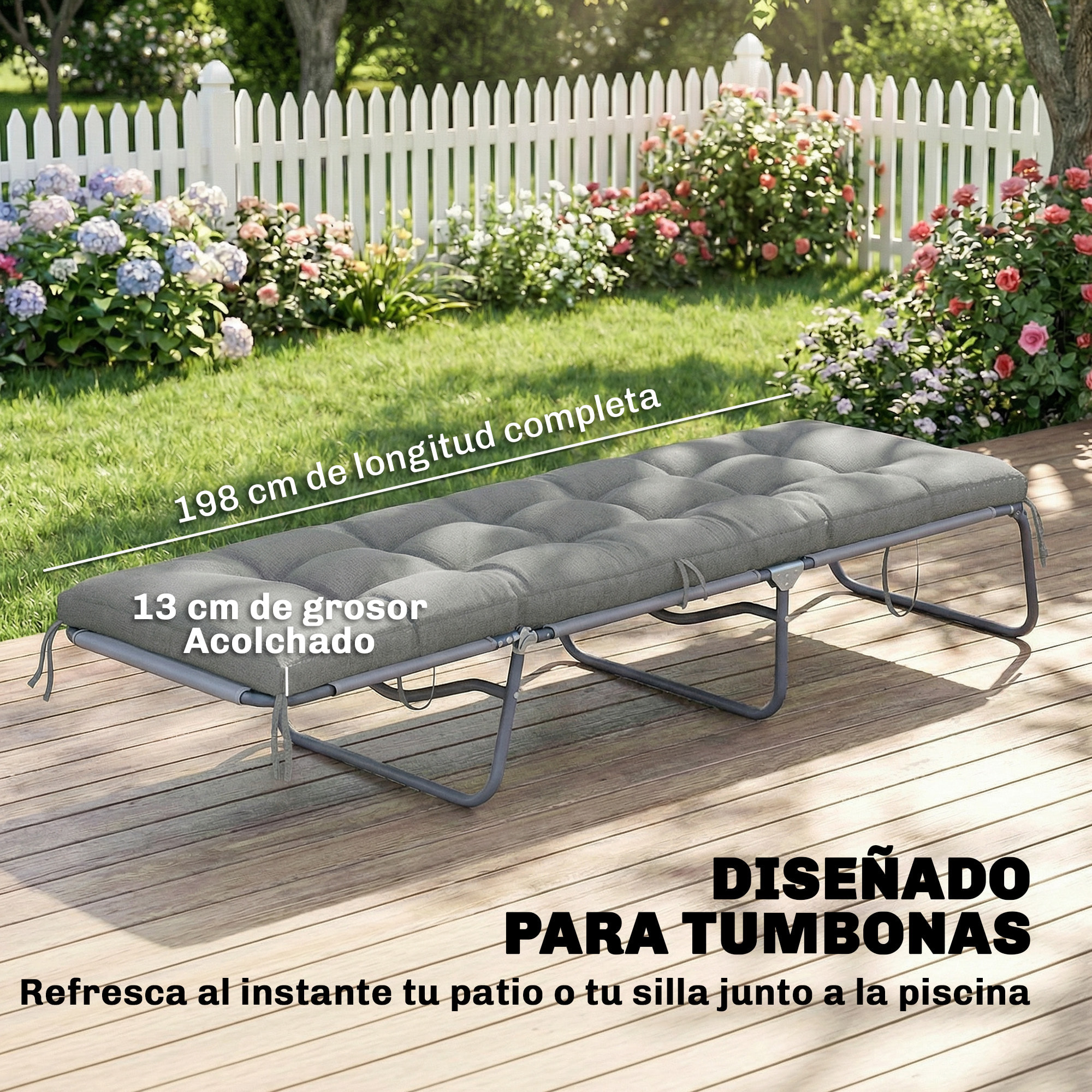 Cojín para Banco Exterior, Cojín para Banco y Tumbona de Jardín con Correas de Sujeción, Protección UV50+, Rebote Lento, para Interior y Exterior, 198x65x13 cm, Gris Claro