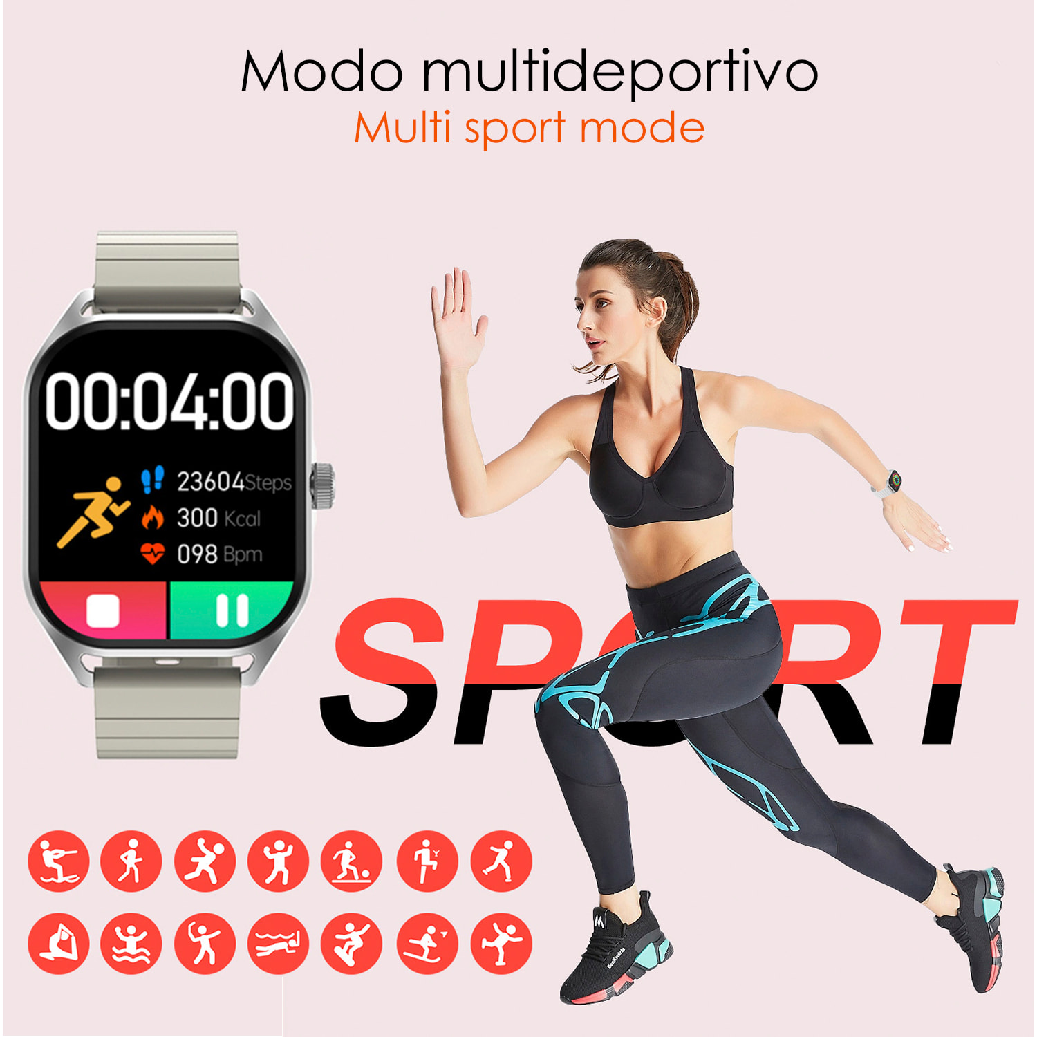 Smartwatch DT99 con schermo AMOLED da 2,04". Monitoraggio della salute, oltre 150 modalità sportive, notifiche, accesso all'assistente vocale.