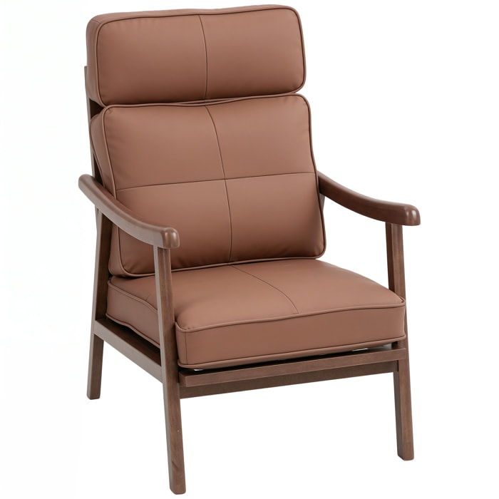 Butaca de Salón Sillón de Salón Tapizado en PU con Marco de Madera Cojines Acolchados Gruesos Respaldo Alto Carga 150 kg Sillón Lectura para Sala de Estar Dormitorio Marrón y Madera Nogal
