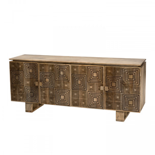 IRENE - Buffet bois Manguier 177x45cm 4 portes 2 étagères motifs noirs Goa