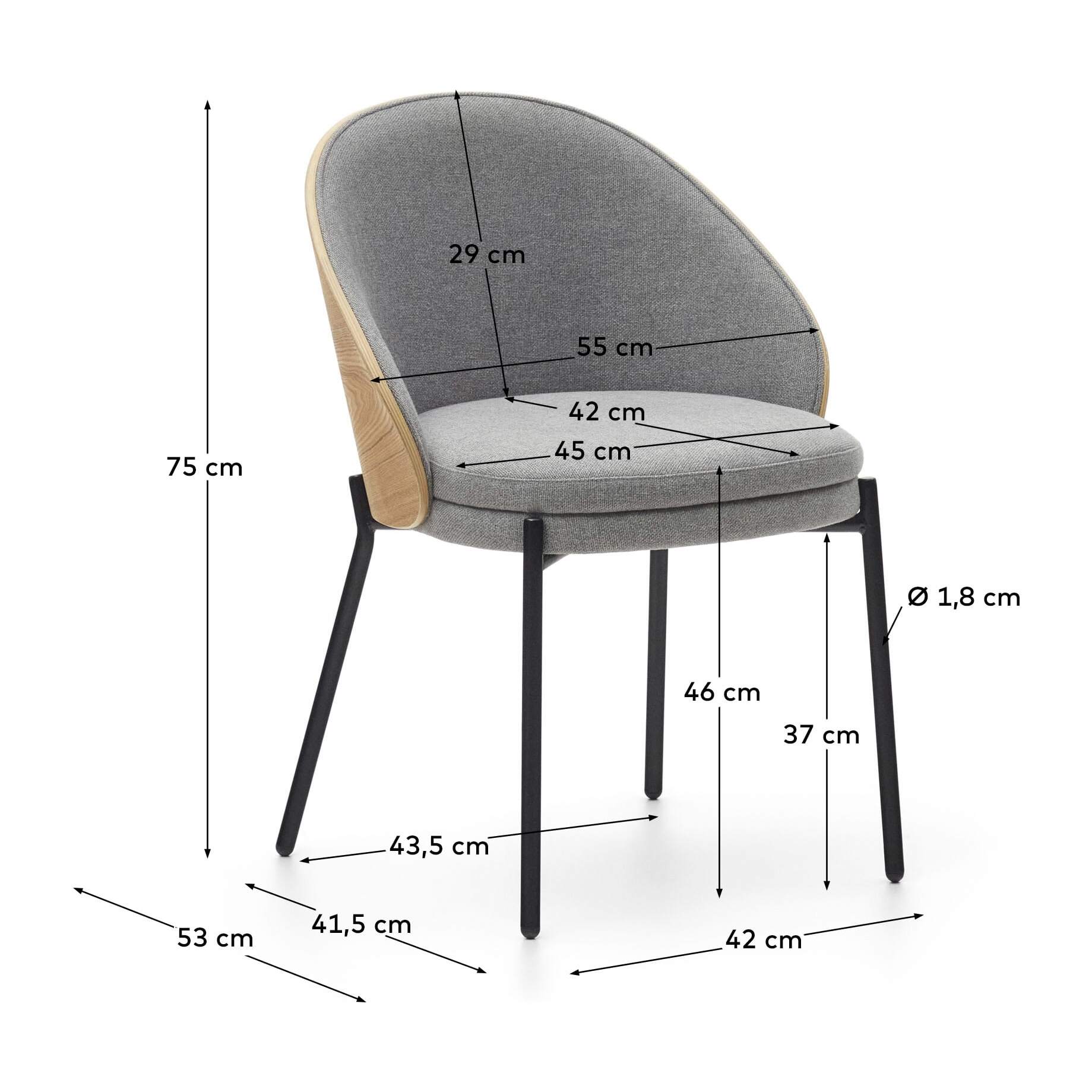 Kave Home - Sedia Eamy in ciniglia grigio chiaro impiallacciato frassino finitura naturale e metallo n