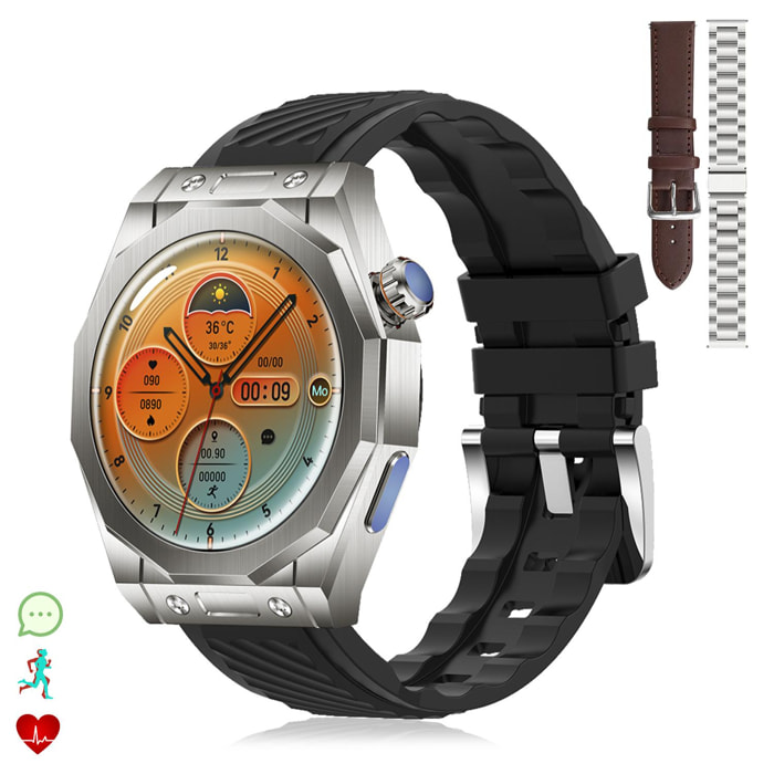 Smartwatch Z83 Max con triplo bracciale. Schermo AMOLED, schermo diviso, chiamate BT. Temperatura, tensione, ecc. Modalità sportive.