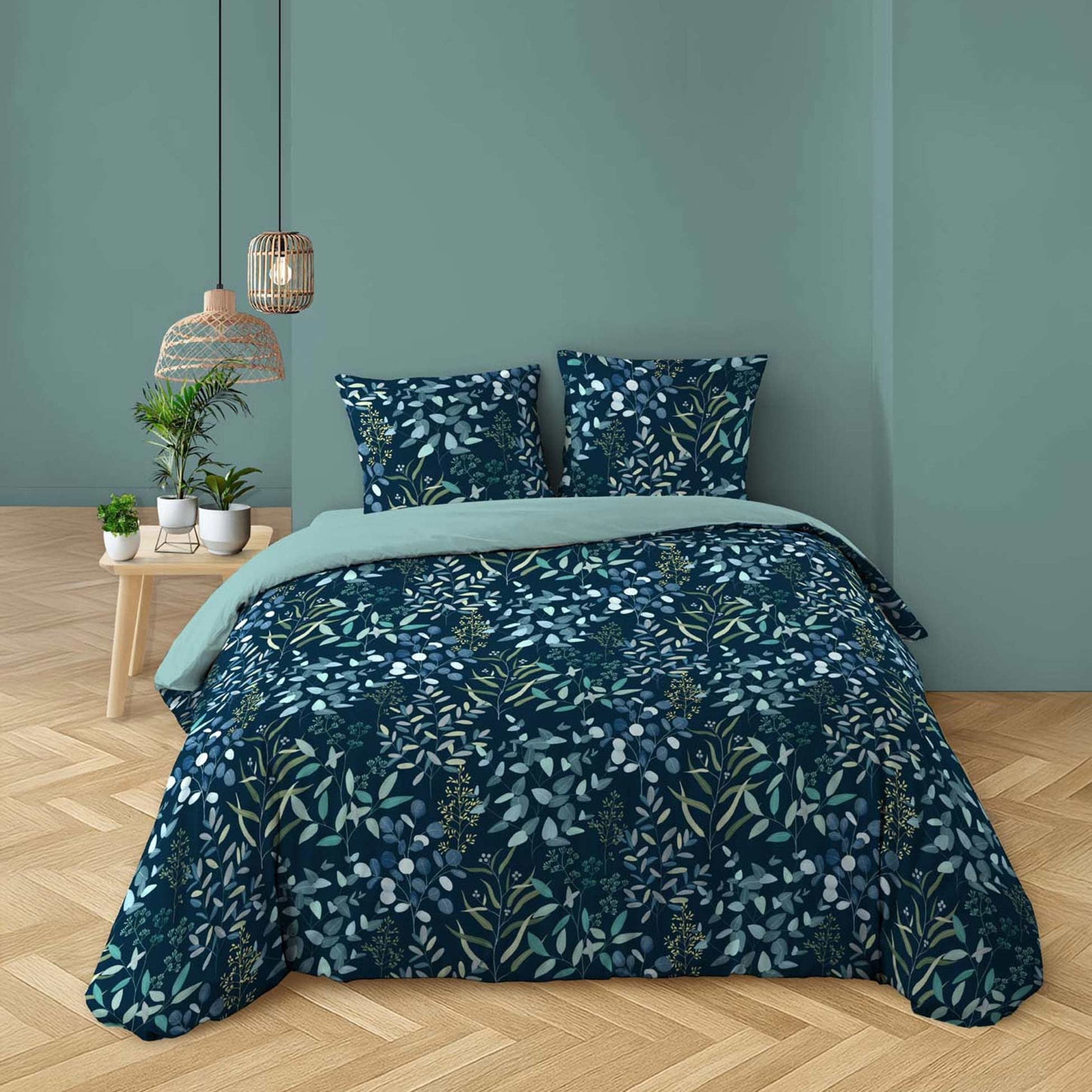 Parure de lit 3 pièces 100% coton à motif végétal housse + taies - Bleu