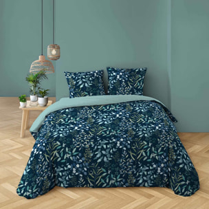 Parure de lit 3 pièces 100% coton à motif végétal housse + taies - Bleu