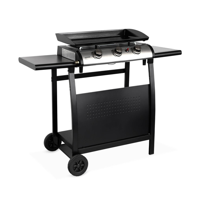 Plancha au gaz 3 brûleurs sur chariot - Porthos - 7.55kW. plancha à gaz avec desserte . cuisine extérieure. plaque émaillée. inox. barbecue