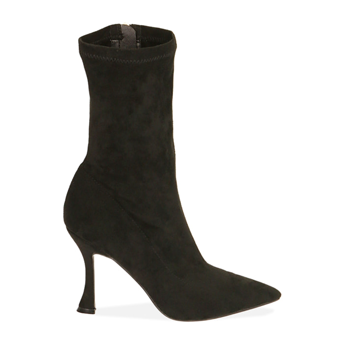 Ankle boots neri in microfibra, tacco sagomato 9,5 cm