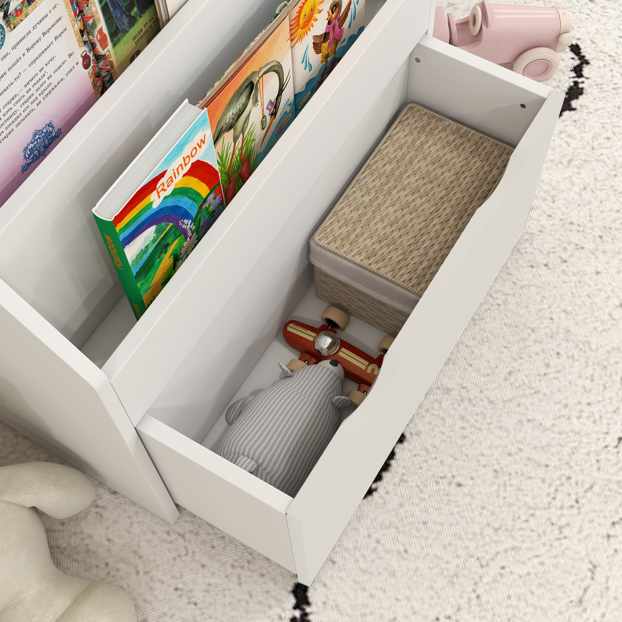 Estantería de Juguetes con 3 Compartimentos, Librería Infantil, Caja de Juguetes Móvil, Cajón con Ruedas, Multifuncioanl, para Dormitorio, Guardería, Sala de Juegos, Blanco