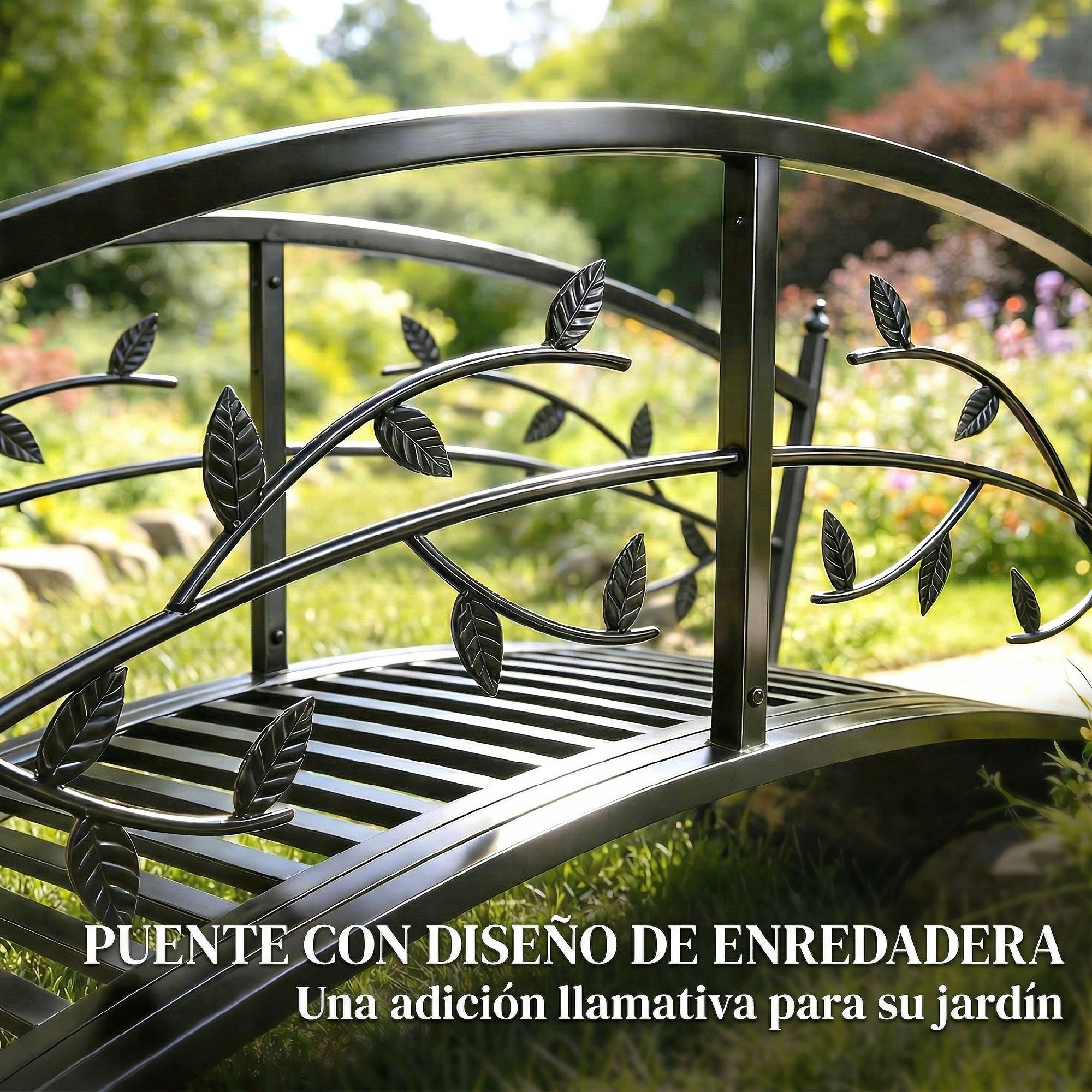 Puente de Jardín Metálico, 1,2 m, Puente Decorativo para Estanques con Barandillas de Seguridad y Diseño de Hojas, Carga 100 kg, Construcción Resistente, Fácil Montaje, Negro