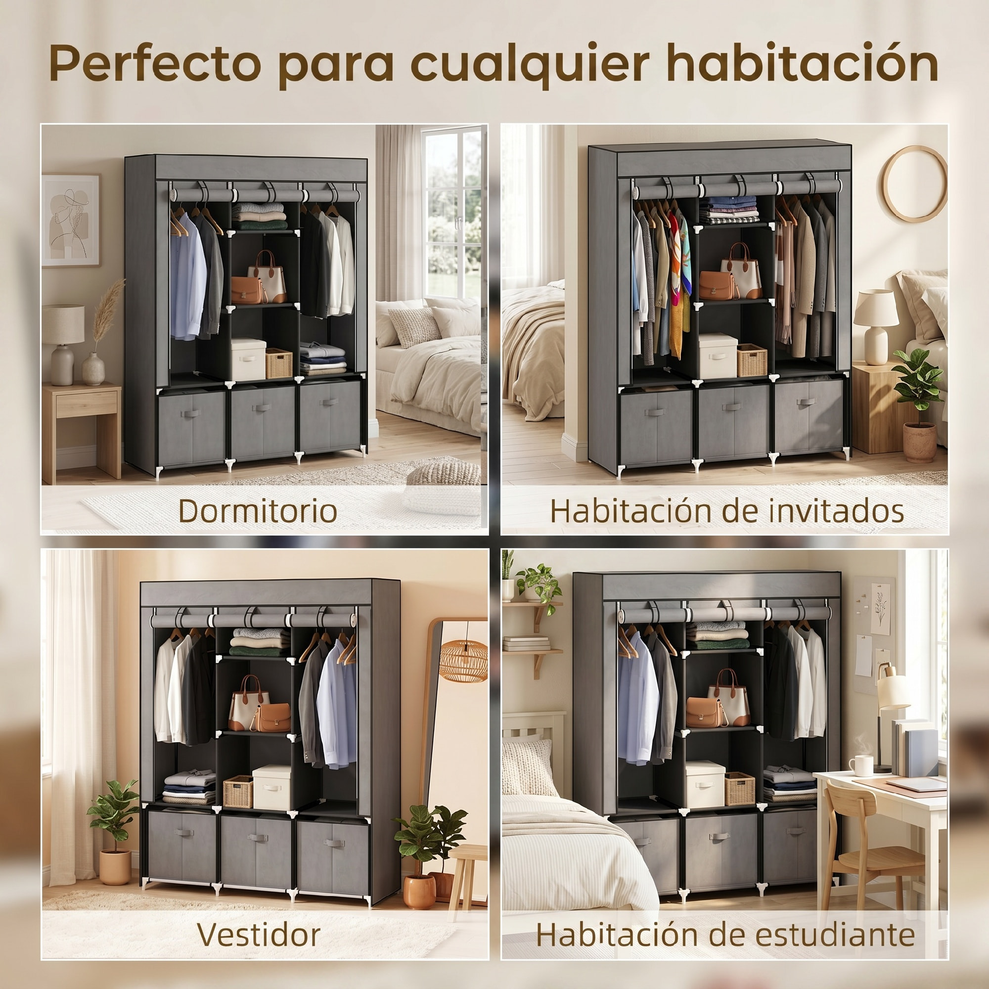 HOMCOM Armario de Tela, Armario Ropero con 2 Barras, 5 Estantes Abiertos, 3 Cajones, Cremallera, Marco de Acero, para Dormitorio, Espacio Pequeño, Vestidor, 125x43x162,5 cm, Gris Oscuro