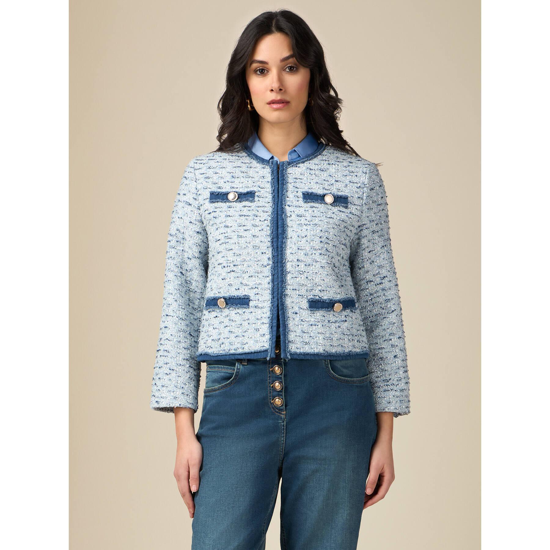 Oltre - Chaqueta boxy de tweed y tejido vaquero - Light - blue