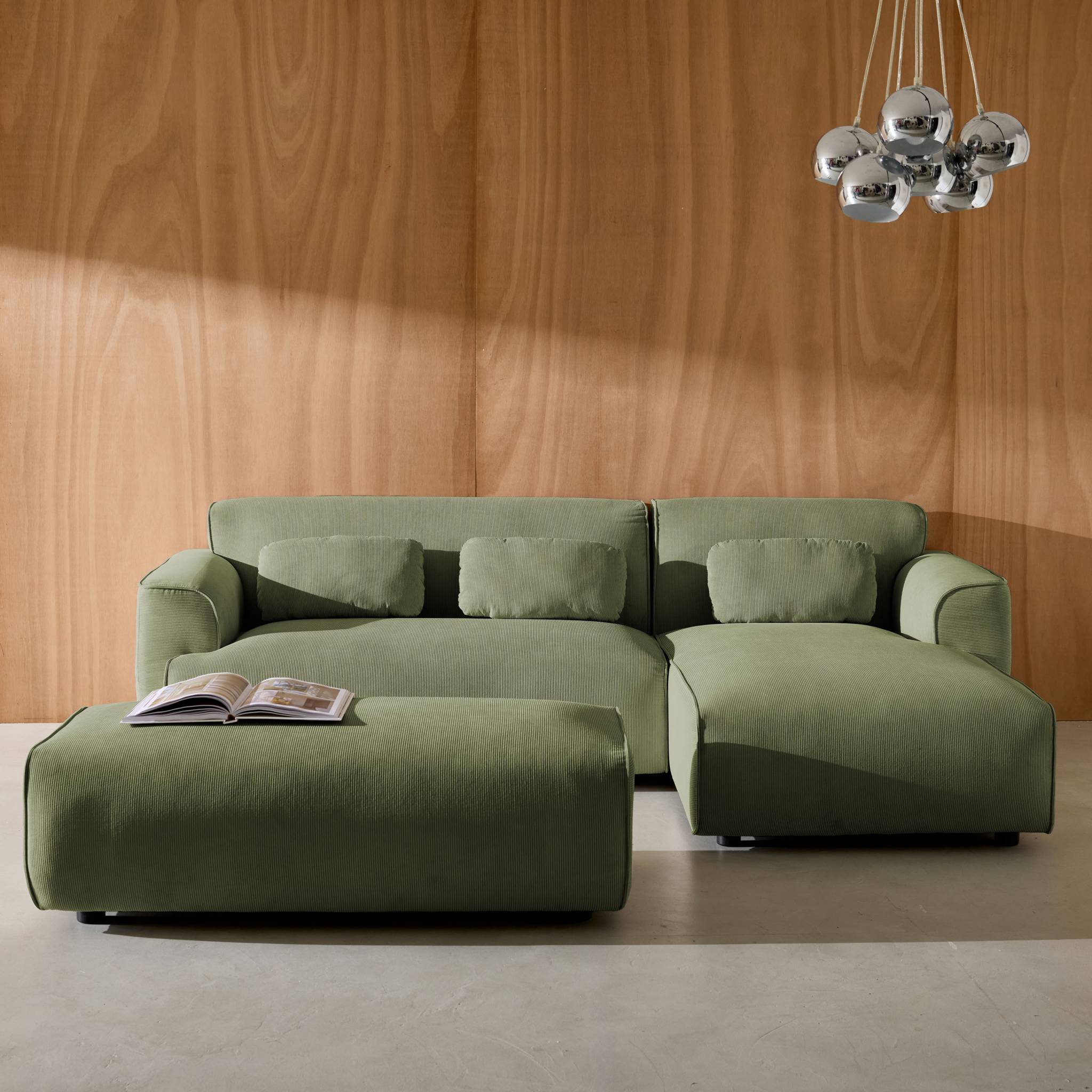 Pouf, repose-pieds pour canapé d'angle 3 places Wallas velours côtelé WALLAS