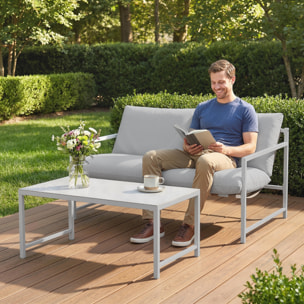 Ensemble canapé jardin épais coussins table basse design gris clair