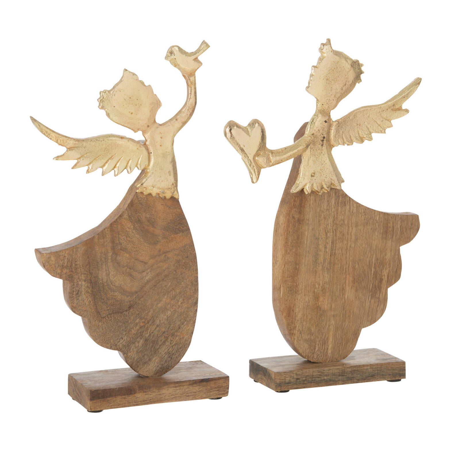 J-Line figurine Ange Coeur/Oiseau Sur Base - bois/aluminium - or - 2 pcs