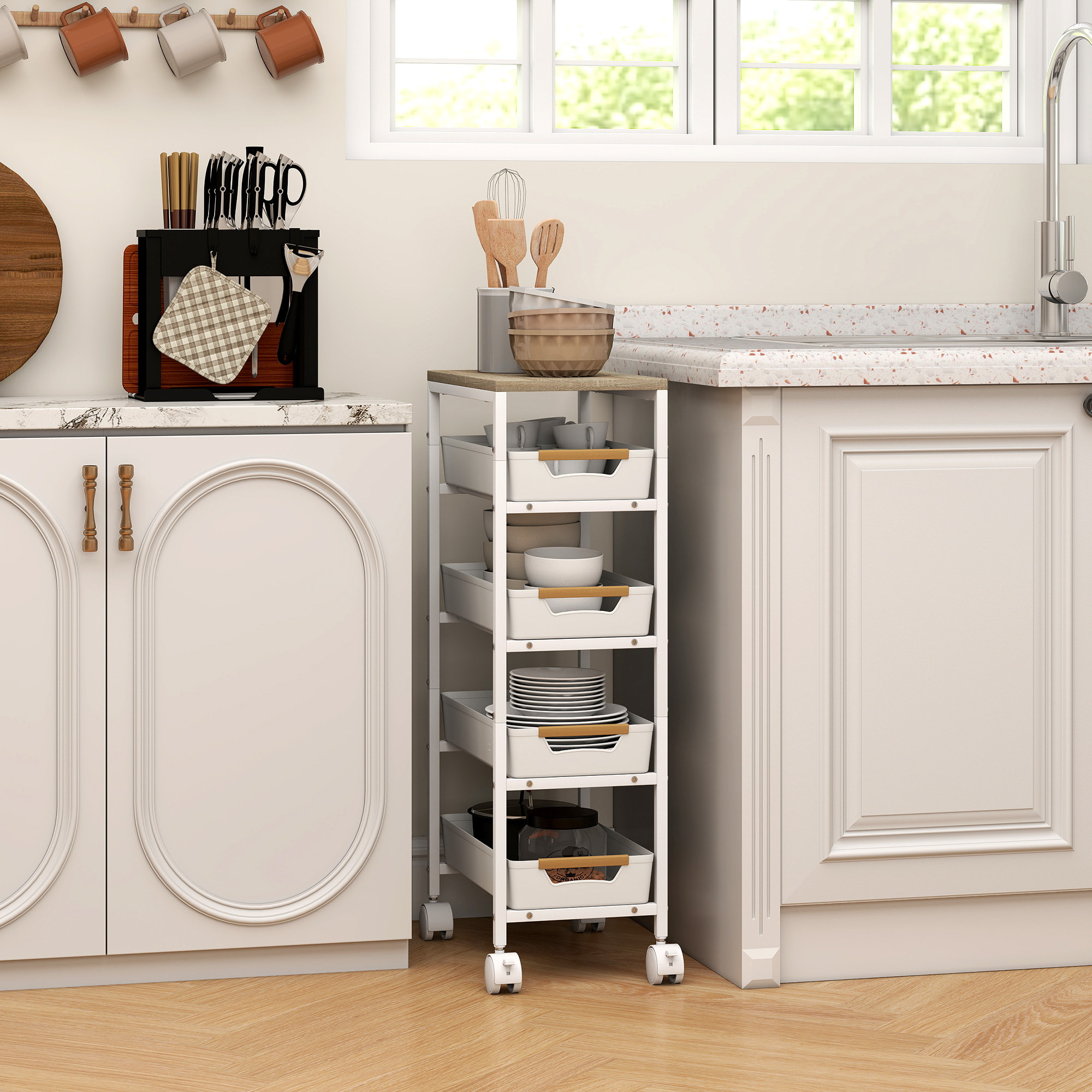 Desserte cuisine 5 niveaux 4 tiroirs coulissants métal PP blanc effet bois clair