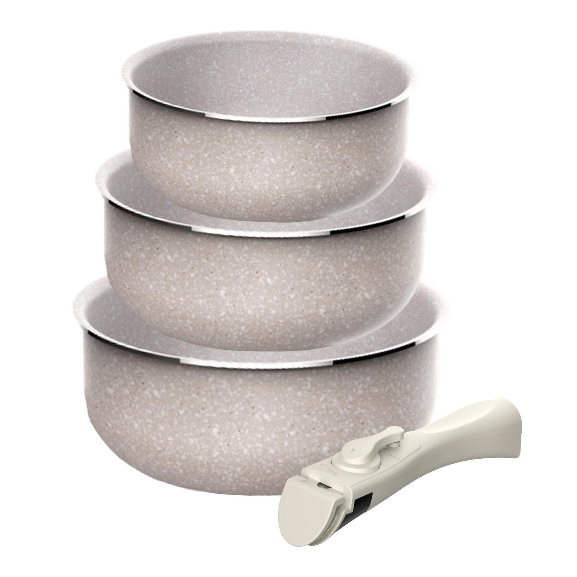 Juego de 3 cacerolas ø16ø18ø20cm aluminio prensado,recubrimiento ilag antiadherente,mango extraíble,apto inducción,sin pfoa,apto lavavajillas y horno