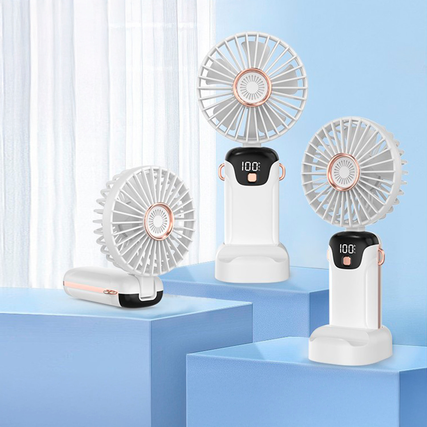 Mini ventilador de mano con aromaterapia, pantalla LED, 5 velocidades, giro con ángulo ajustable de 90° y batería recargable.