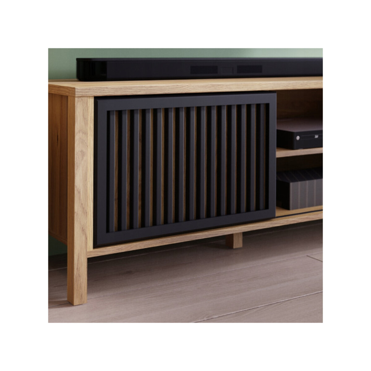 Meuble TV L175 cm 4 niches 1 tiroir décor bois chêne et noir - BOSTON