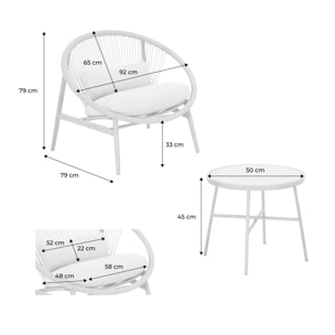 Set de 2 fauteuils de jardin avec table acier et rotin beige. 79x92x79cm - Narola
