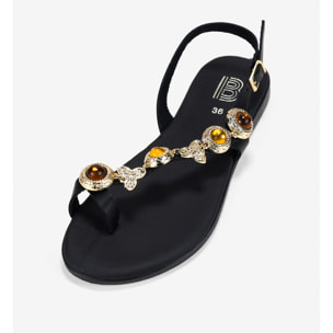 Sandalias planas negras en piel con tira joya