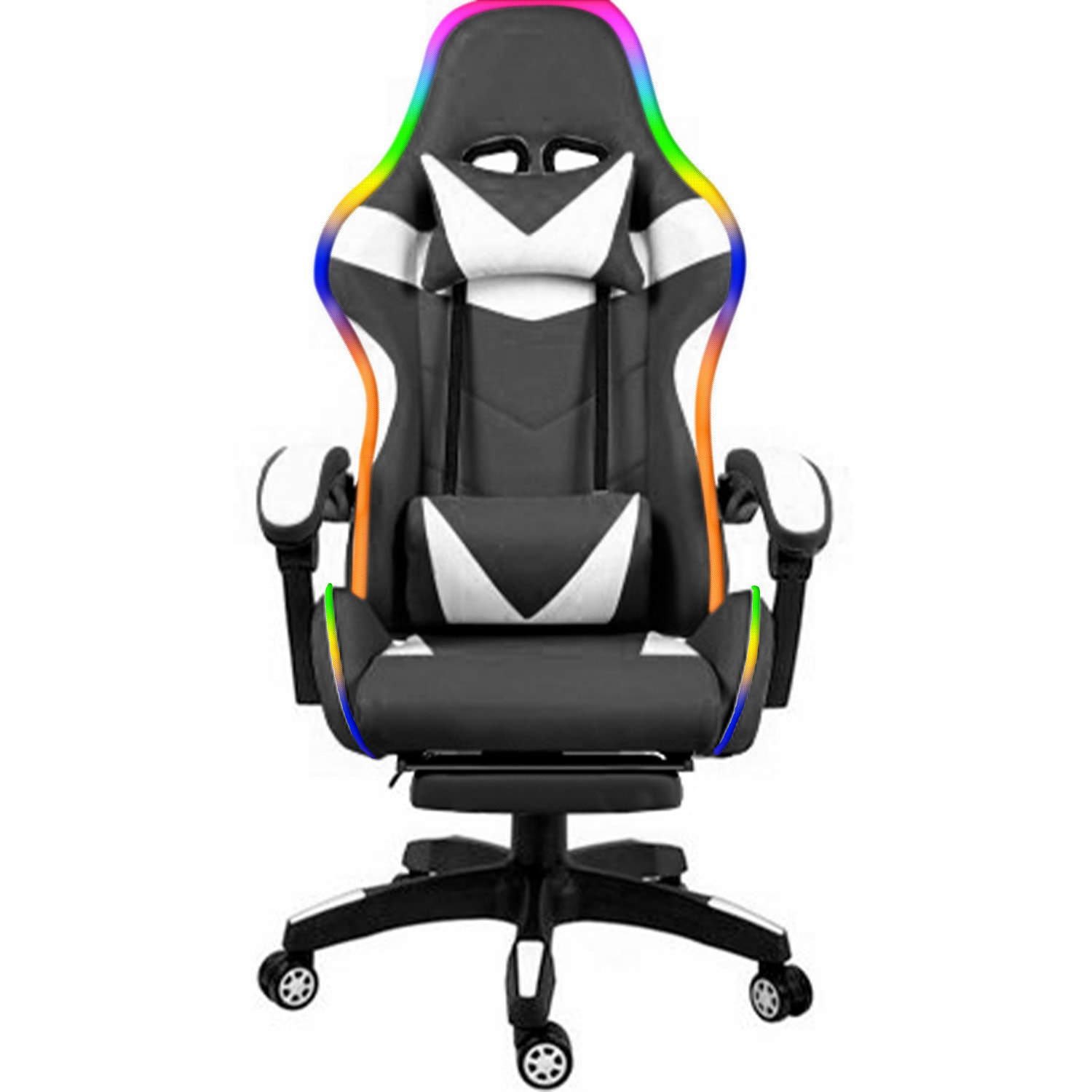 Sedia Gaming Con LED RGB Telecomando Poltrona Ufficio Scrivania Casa PC Racing Girevole Ergonomica Ecopelle Cuscino Lombare Poggiapiedi Nero Bianco