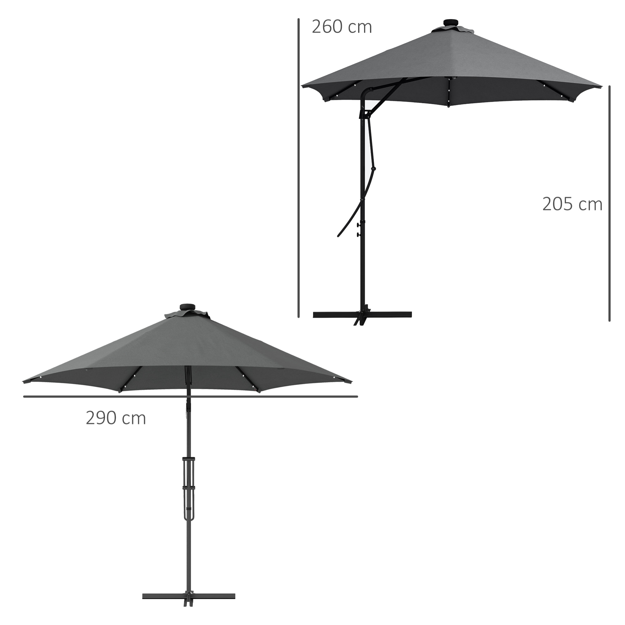 Sombrilla Voladiza de 3 m con Luces LED Sombrilla de Jardín con Manivela y Base Cruzada Parasol Excéntrico para Exterior Patio Terraza Gris Oscuro