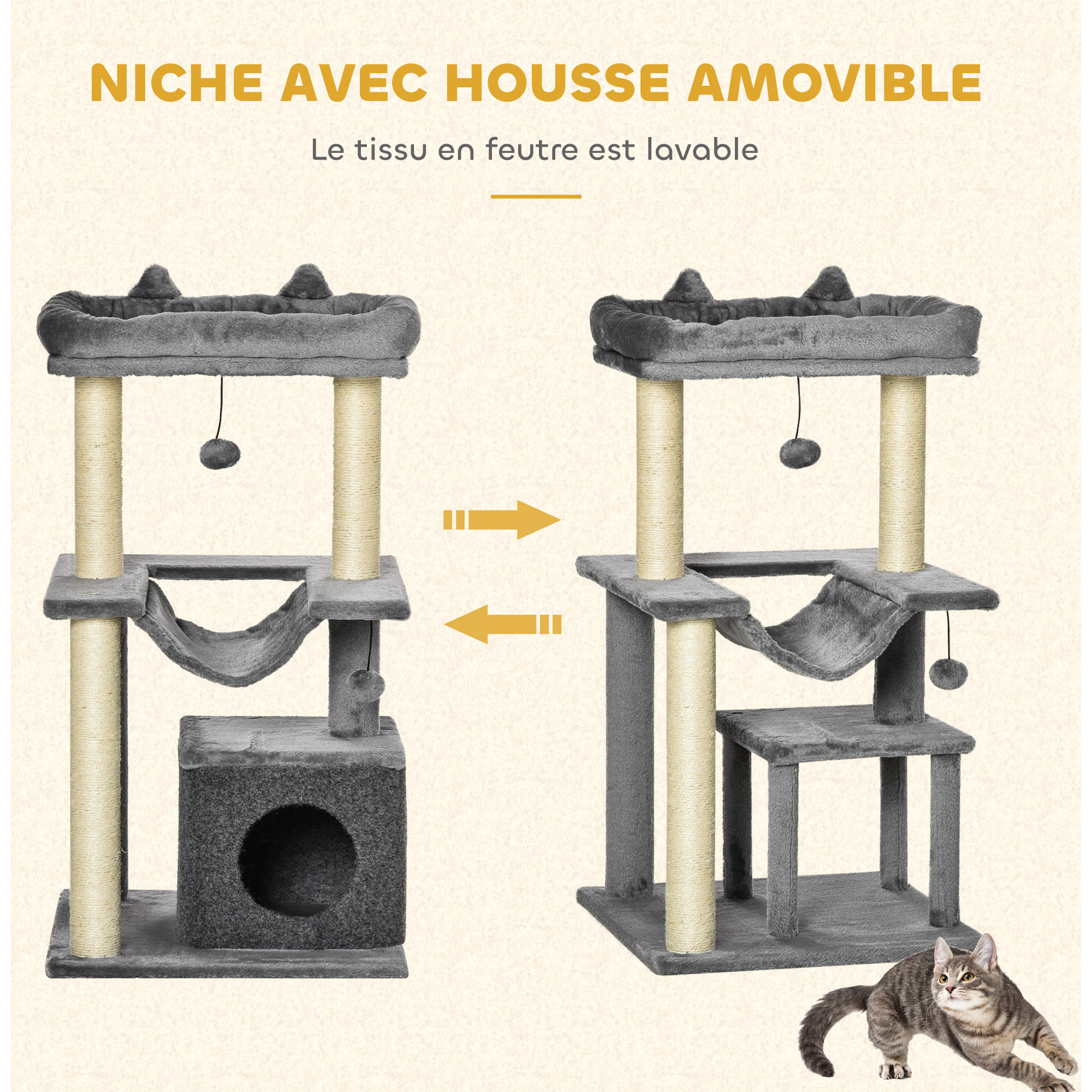 Arbre à chat H.90cm - griffoirs, plateforme d'observation, niche, hamac, boules suspendues - gris