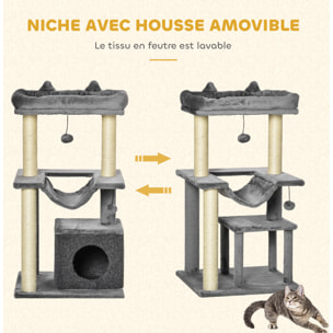 Arbre à chat H.90cm - griffoirs, plateforme d'observation, niche, hamac, boules suspendues - gris