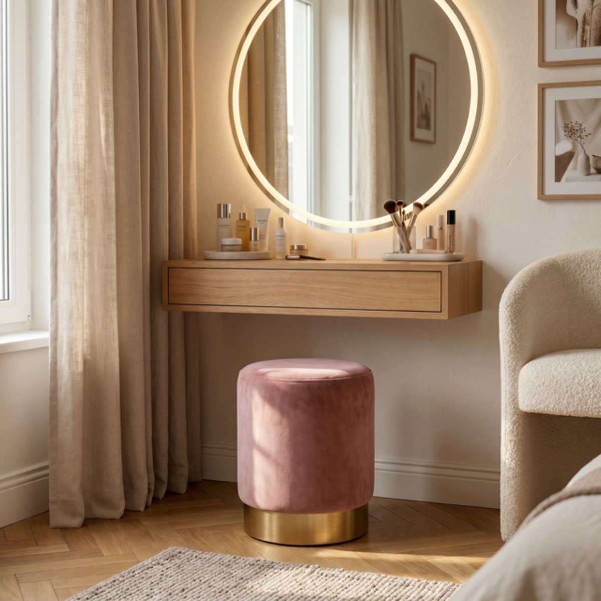 Pouf cilindrico in velluto con base dorata, sgabello imbottito elegante e resistente, seduta compatta salvaspazio, ideale per salotto camera ingresso e toeletta, design moderno glamour e versatile