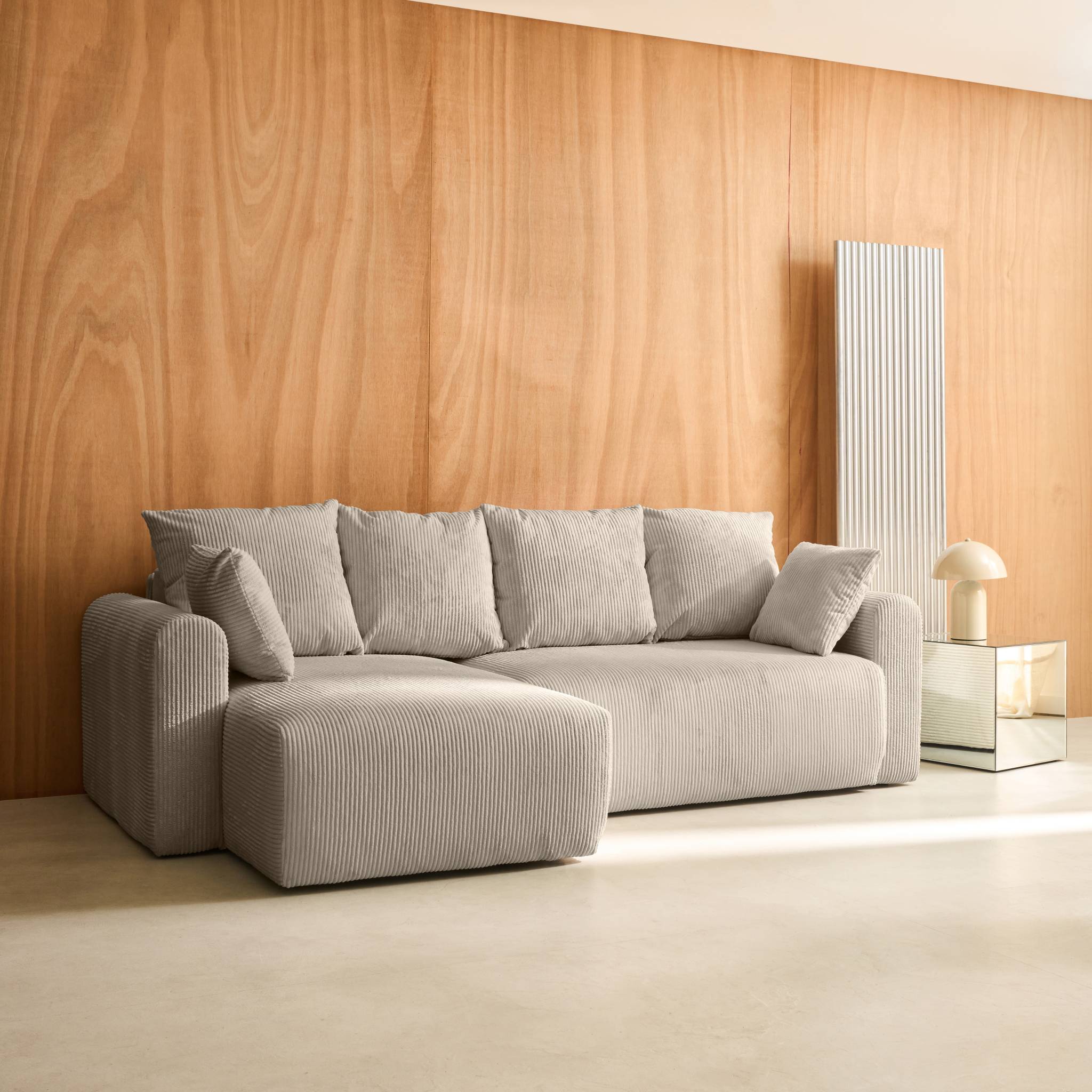 Canapé d'angle convertible réversible 3 places velours côtelé taupe avec coffre de rangement - Almo