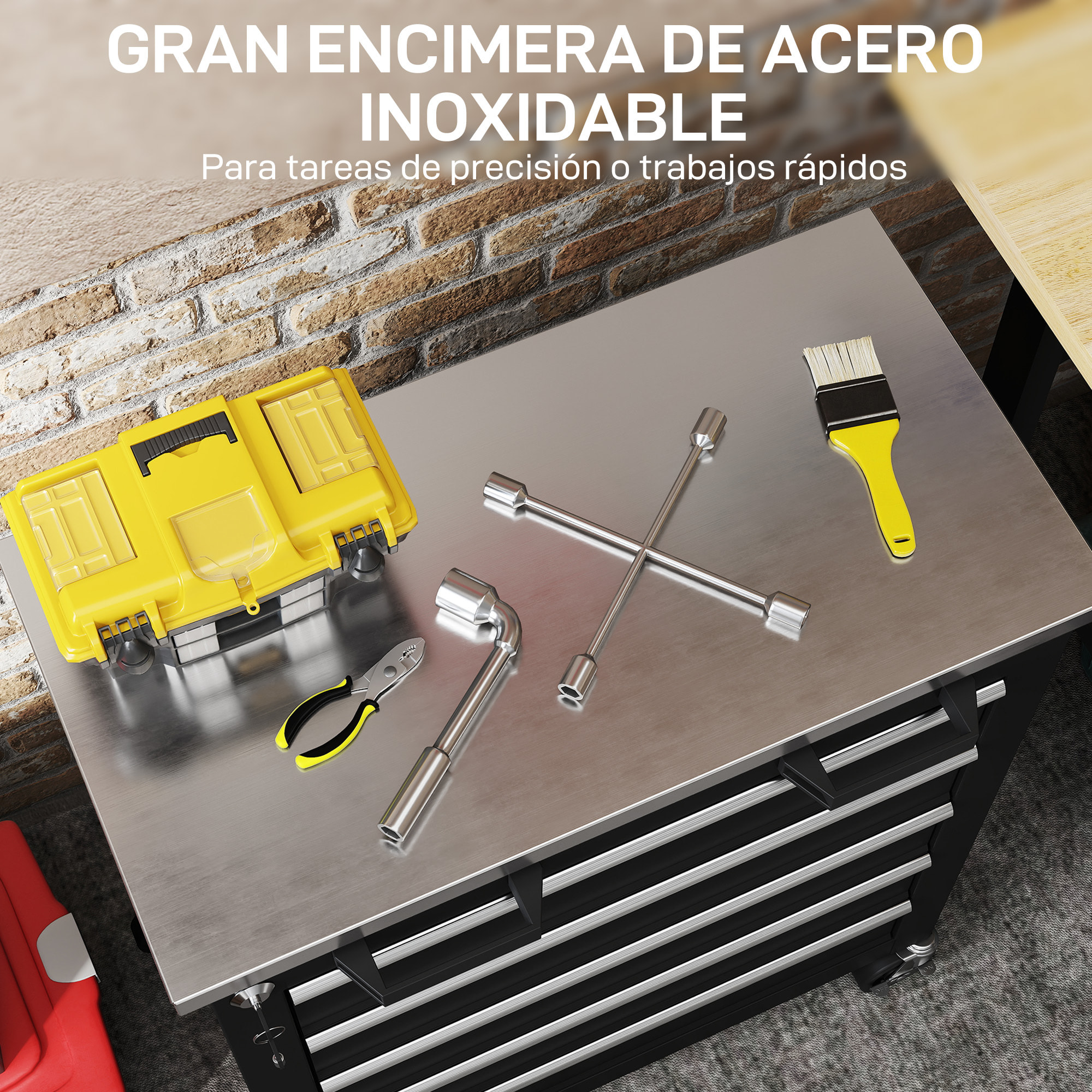 Carro de Herramientas con 5 Cajones y Cerradura, Carro de Taller con Ruedas con Freno y Encimera de Acero Inoxidable, Caja de Herramientas con Conectores Laterales, para Garaje, Negro y Plata