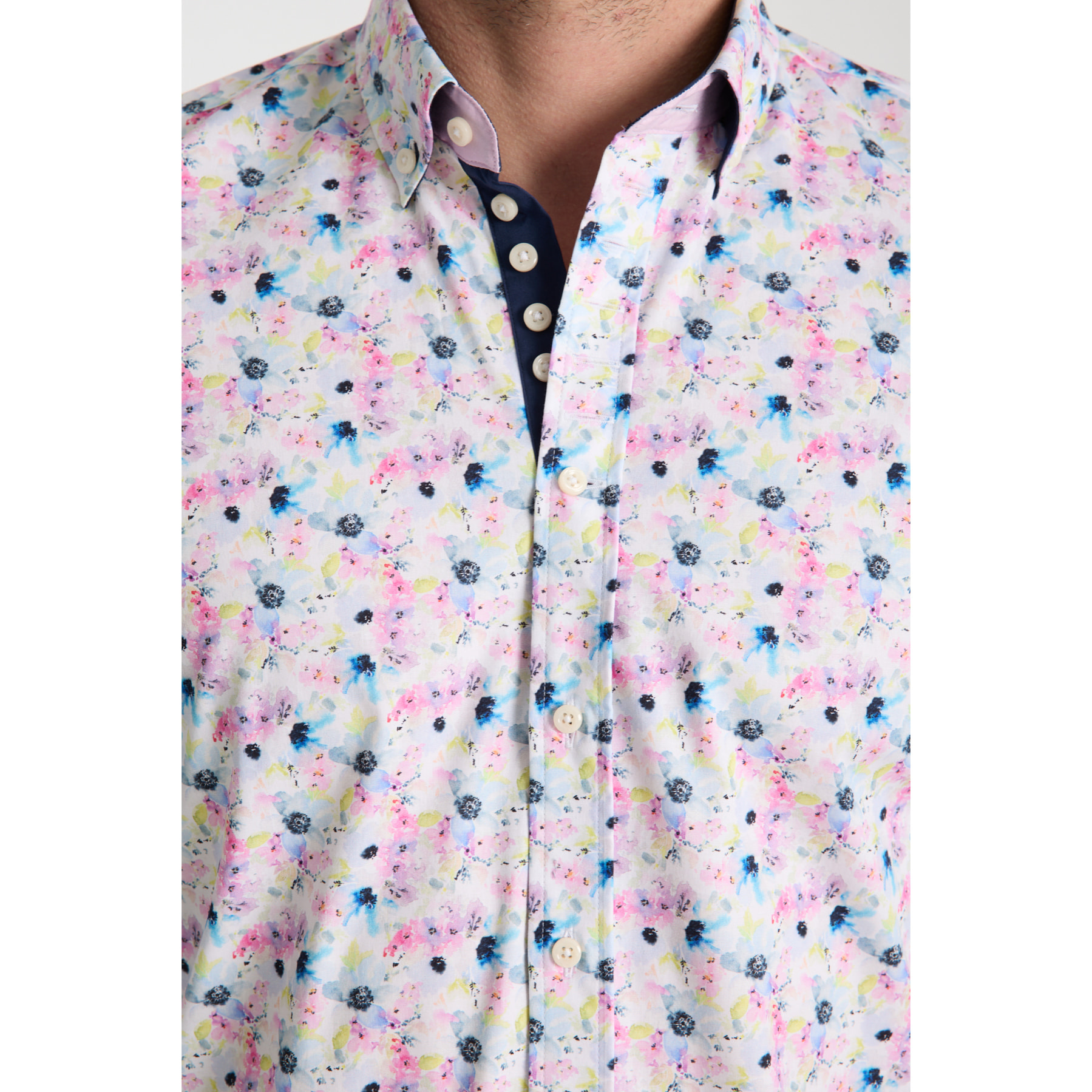 Camicia Uomo 1 Bottoni Button Down Slim Popeline Stretch Stampato Bianco Rosa Cipria