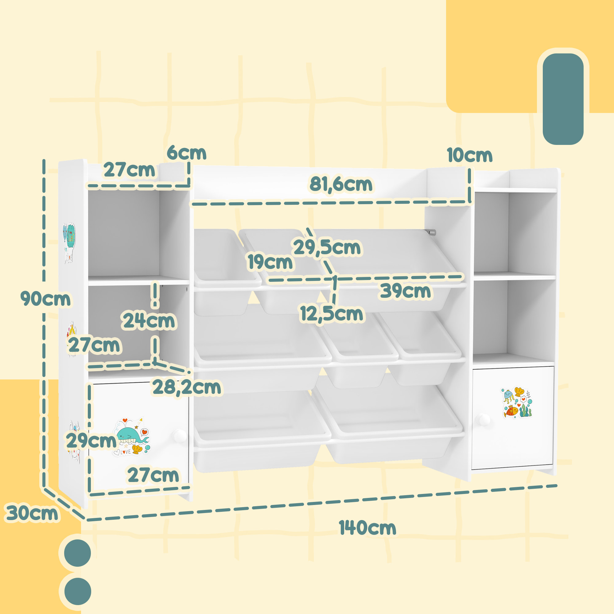 Bibliothèque enfant - rangement à bacs posés x 8 - 4 niches, 3 étagères, 2 portes - blanc