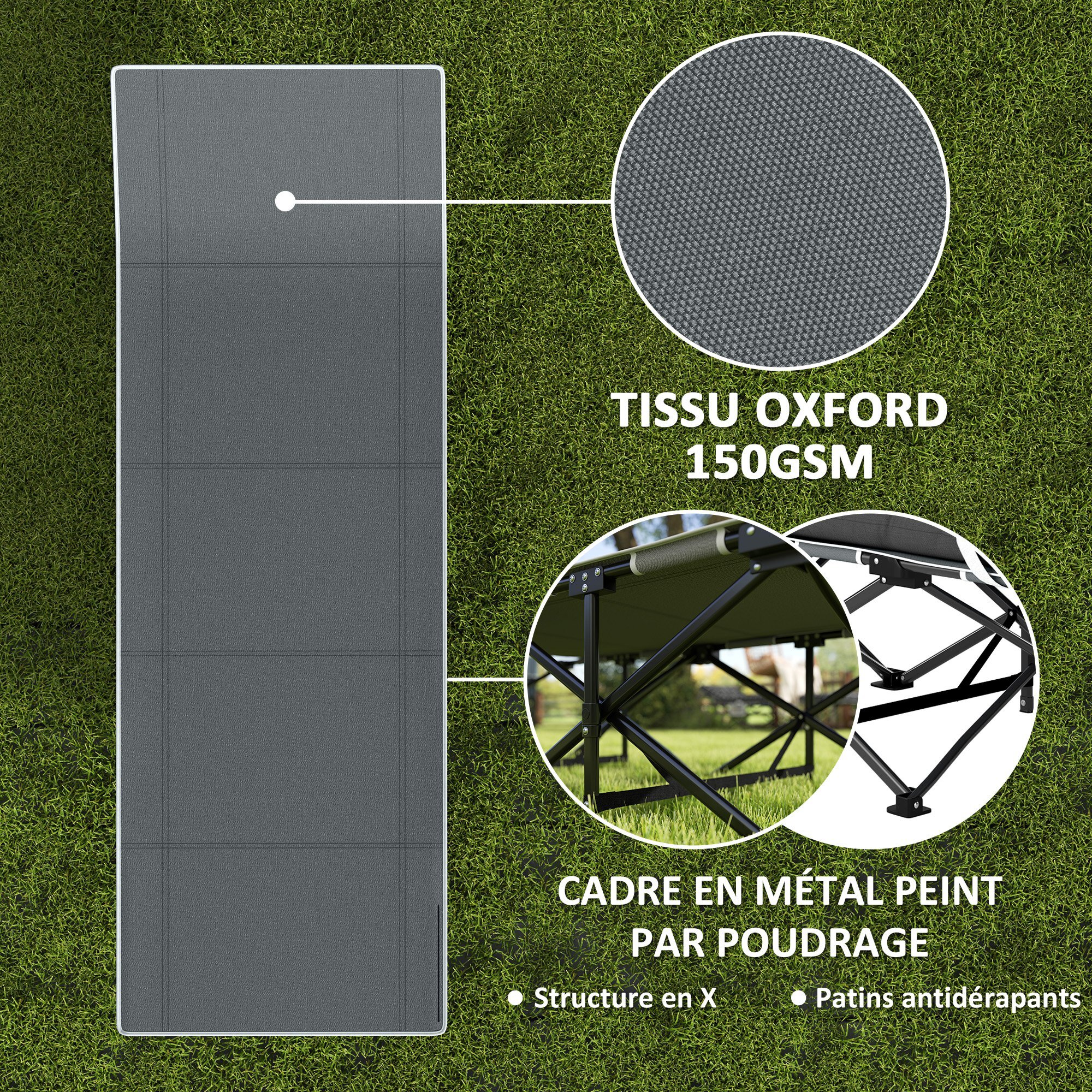Lit de camp pliable avec matelas grand confort intégré - sac transport inclus - noir