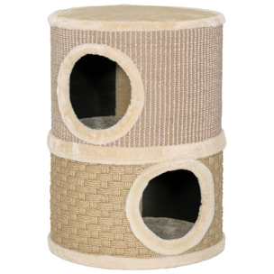 Arbre à chat cylindrique - tour à griffer pour chat - arbre à chat tour - tonneau griffoir - 2 niches + plateforme - sisal corde d'algues beige