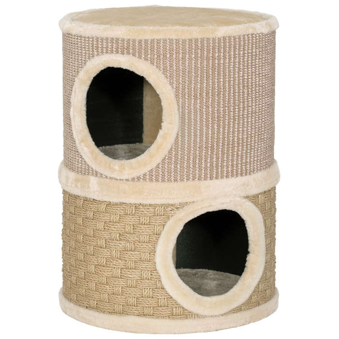 Arbre à chat cylindrique - tour à griffer pour chat - arbre à chat tour - tonneau griffoir - 2 niches + plateforme - sisal corde d'algues beige