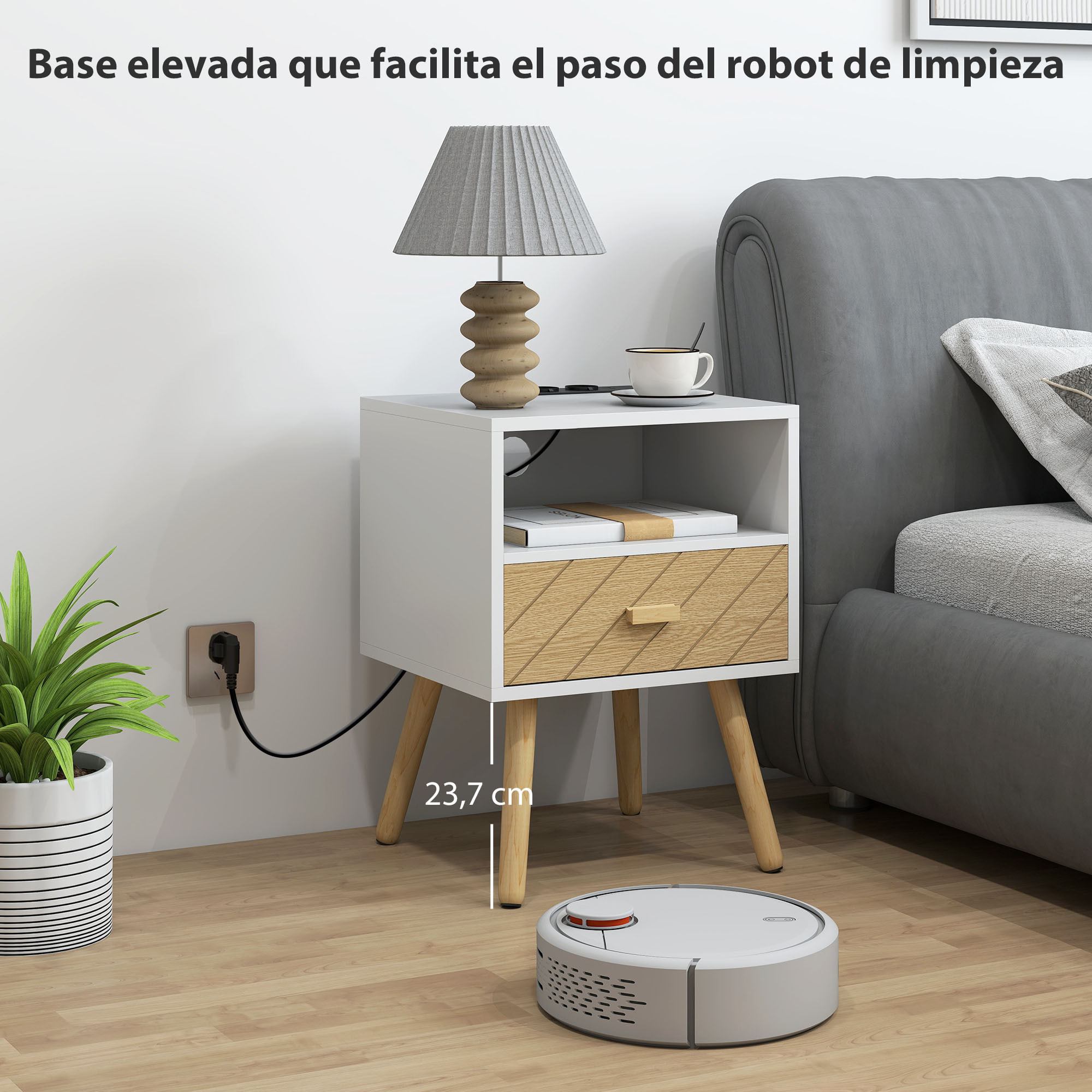 Mesita de Noche con Estación de Carga, Mesilla de Noche con Cajón, 2 Tomas AC, Puerto USB y Tipo-C, Compartimento Abierto, Patas de Madera, para Salón, Dormitorio, Blanco