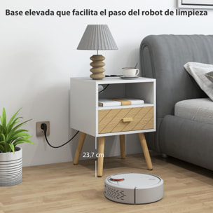Mesita de Noche con Estación de Carga, Mesilla de Noche con Cajón, 2 Tomas AC, Puerto USB y Tipo-C, Compartimento Abierto, Patas de Madera, para Salón, Dormitorio, Blanco