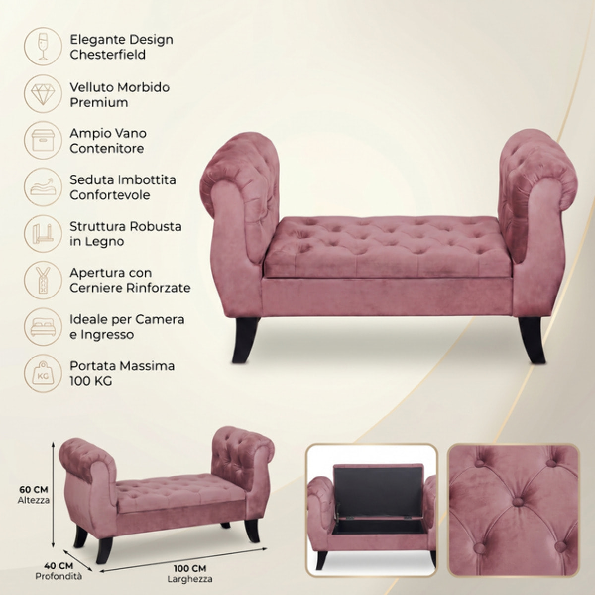 Divanetto Contenitore Imbottito in Effetto Velluto con Vano Contenitore Integrato, Seduta Elegante dallo Stile Classico per Camera da Letto, Ingresso e Soggiorno