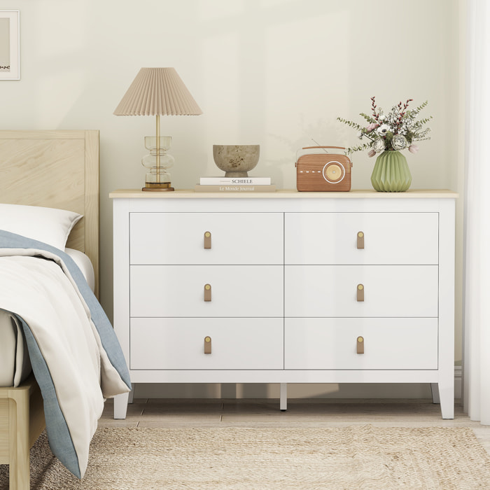 Commode 6 tiroirs sur pieds dim. 120 x 40 x 78 cm poignées PU métal doré blanc effet bois clair