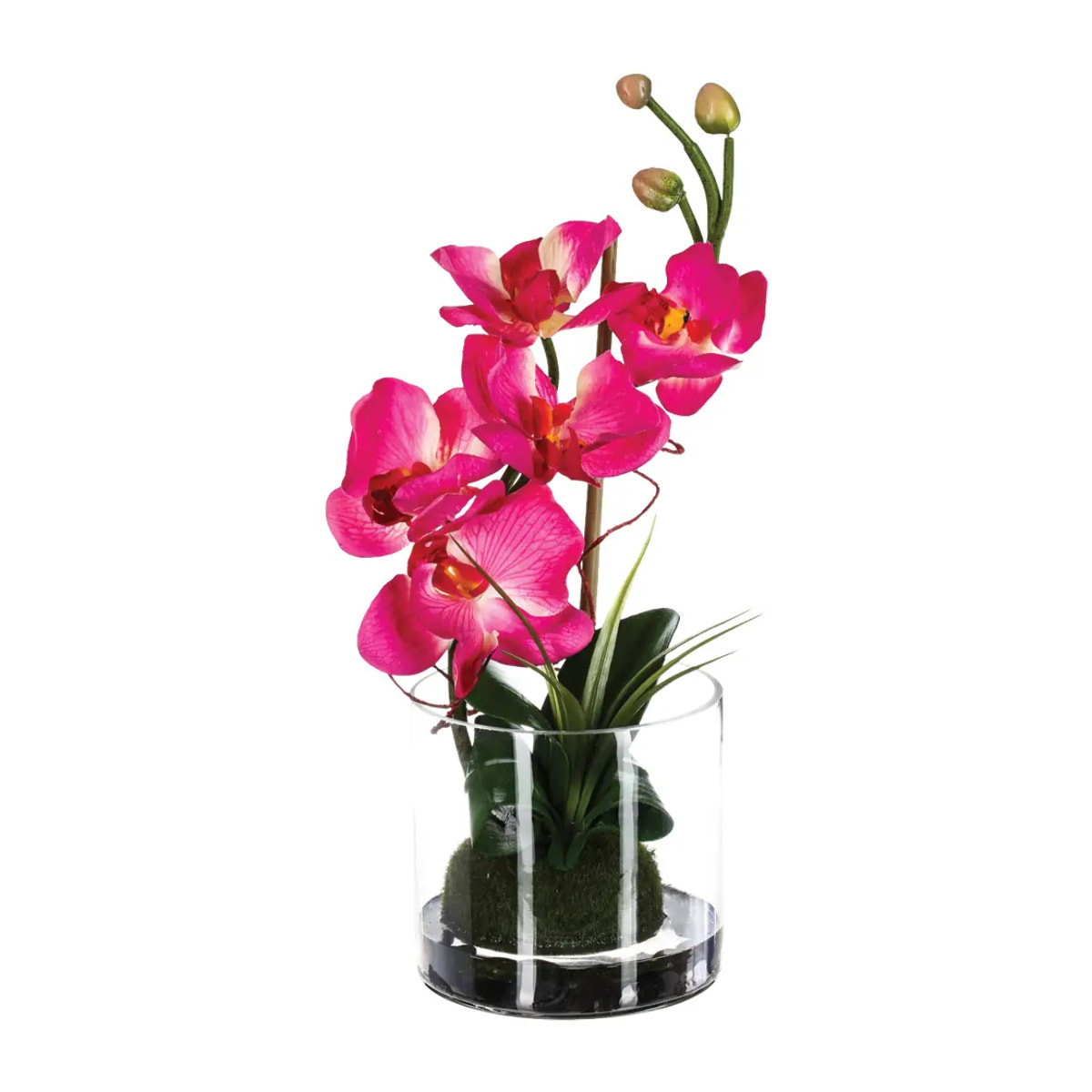 Composition d'orchidées artificielles vase verre H37cm