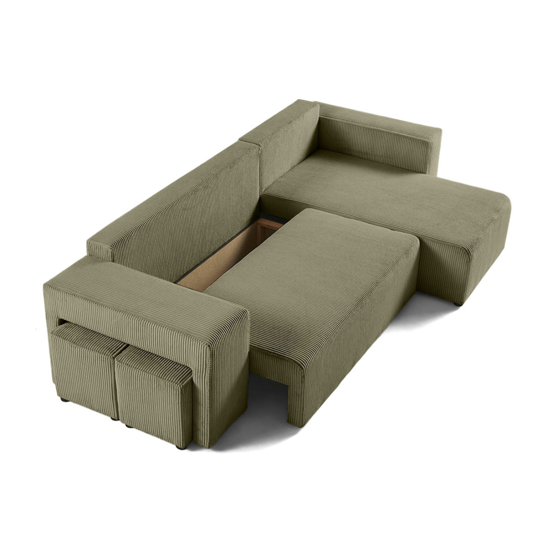 Topaze - canapé d'angle réversible 4 places - convertible avec coffre, tablette et poufs - en velours côtelé - Vert Kaki