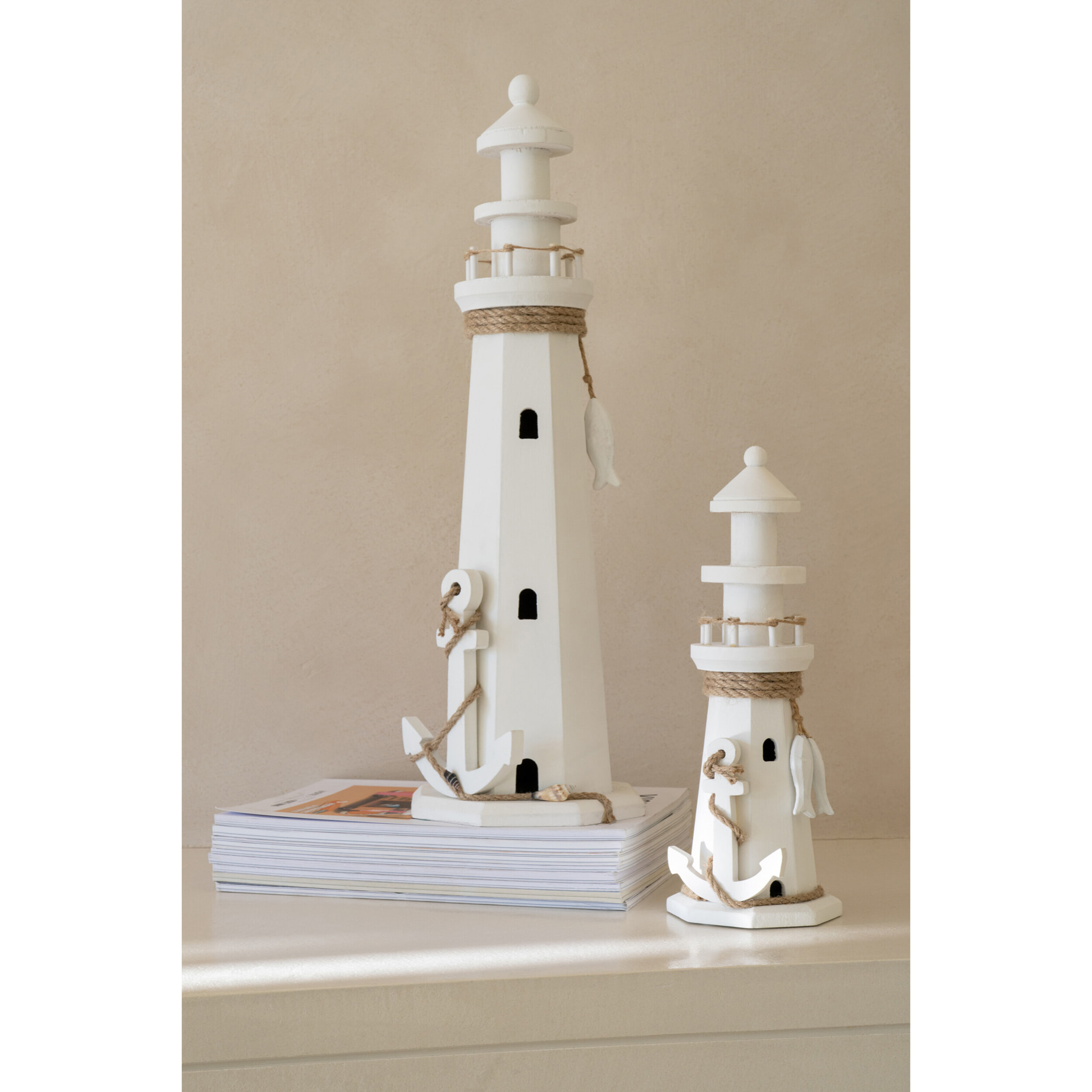 J-Line Phare décoratif - corde/bois - blanc - large