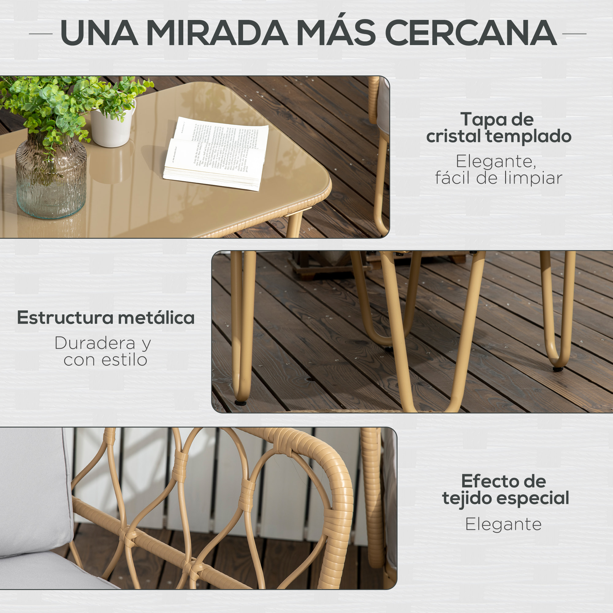 Conjunto de Jardín de Ratán Sintético Juego de 4 Piezas Muebles de Jardín con Sofá de 2 Plazas 2 Sillones y Mesa de Centro con Encimera de Cristal y Cojines Extraíbles Natural y Gris