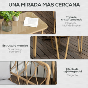 Conjunto de Jardín de Ratán Sintético Juego de 4 Piezas Muebles de Jardín con Sofá de 2 Plazas 2 Sillones y Mesa de Centro con Encimera de Cristal y Cojines Extraíbles Natural y Gris