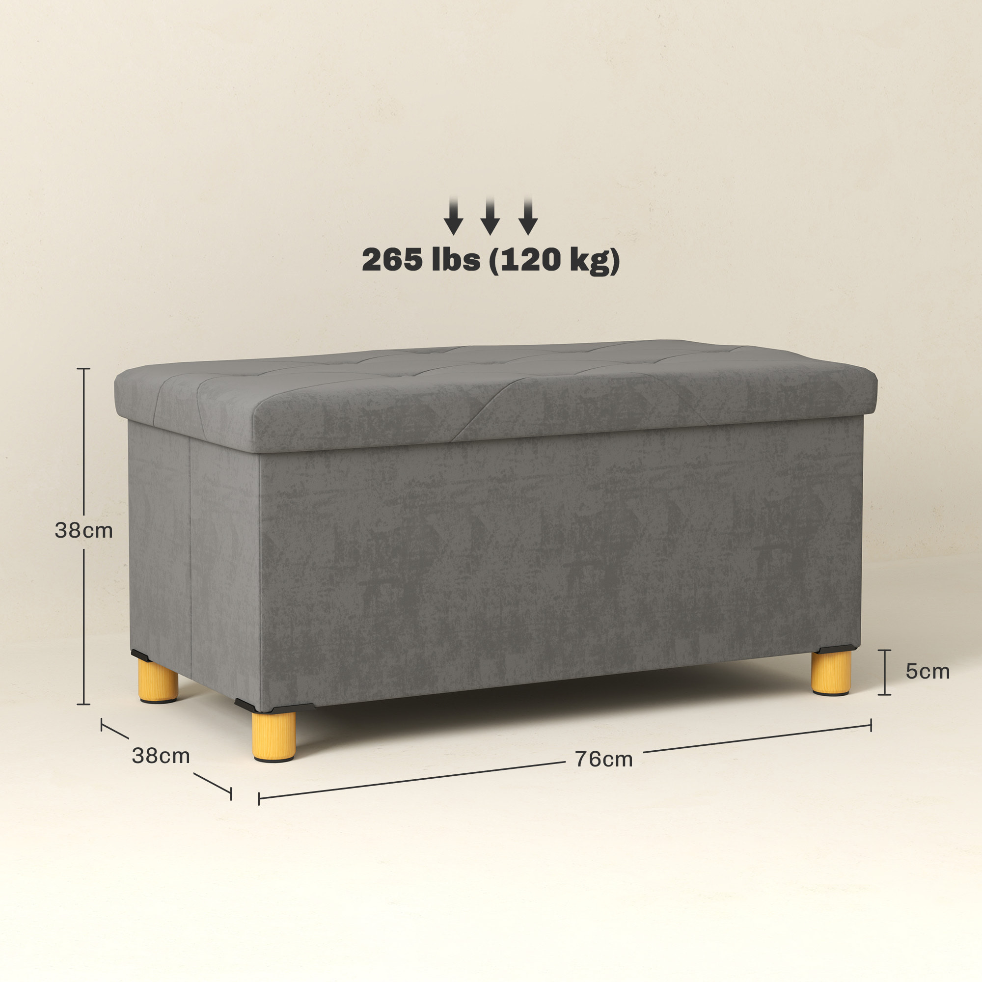 Puff Almacenaje, Banco Almacenaje Plegable, Capacidad de 67 L, 76x38x38 cm, Tapizado en Terciopelo, Baúl de Almacenamiento Dormitorio, Carga 120 kg, para Sala de Estar, Entrada, Gris