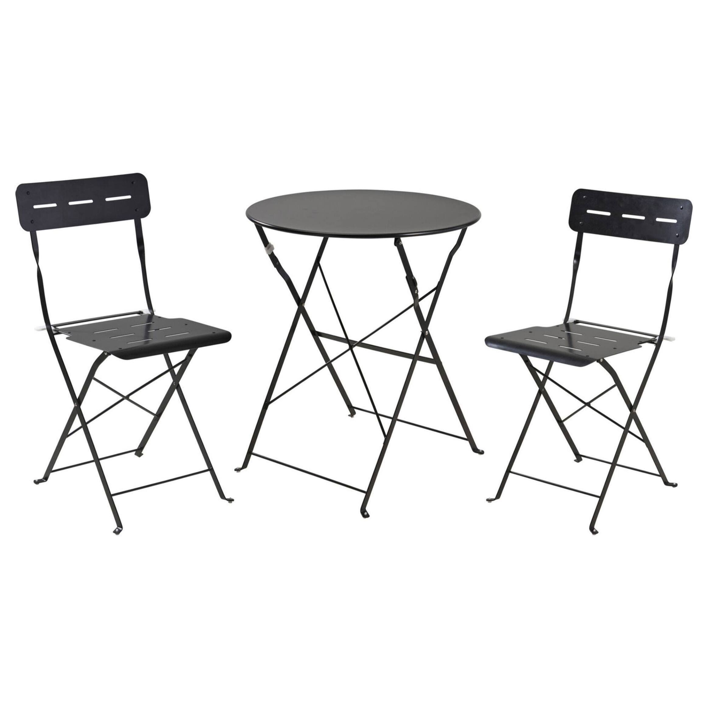 Set bistro plegable de 3 piezas (mesa 60cm + 2 sillas) en acero y negro mate, compacto para balcón