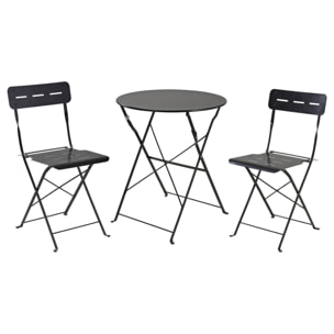 Set bistro plegable de 3 piezas (mesa 60cm + 2 sillas) en acero y negro mate, compacto para balcón