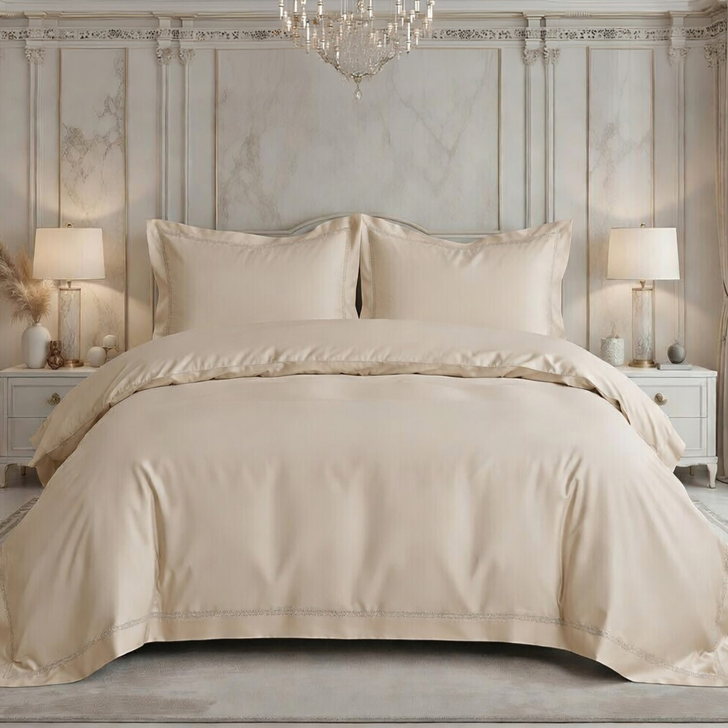 Parure housse de couette satin coton 120 fils brodé unie beige